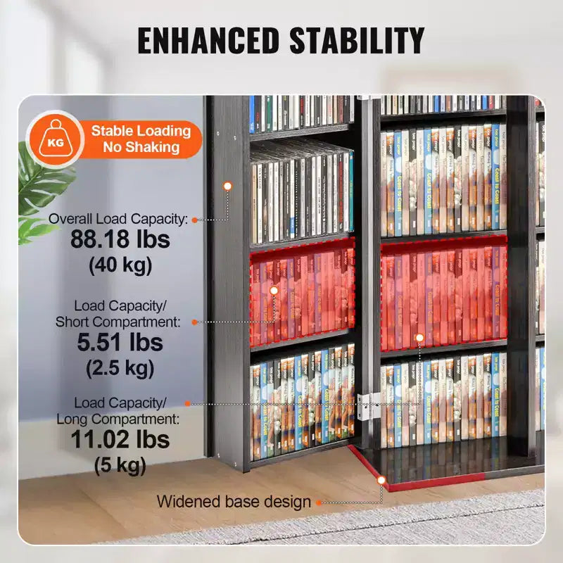 Meuble de rangement multimédia VEVOR, armoire à DVD avec portes et étagères, rangement CD pouvant contenir jusqu'à 576 CD, étagère DVD réglable, marron