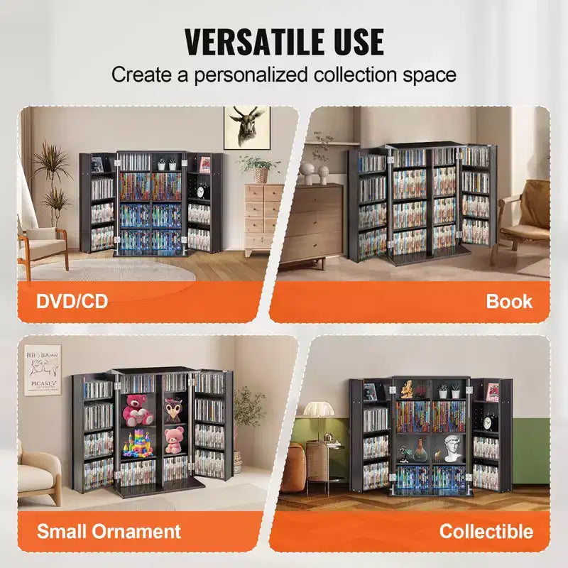 Meuble de rangement multimédia VEVOR, armoire à DVD avec portes et étagères, rangement CD pouvant contenir jusqu'à 576 CD, étagère DVD réglable, marron