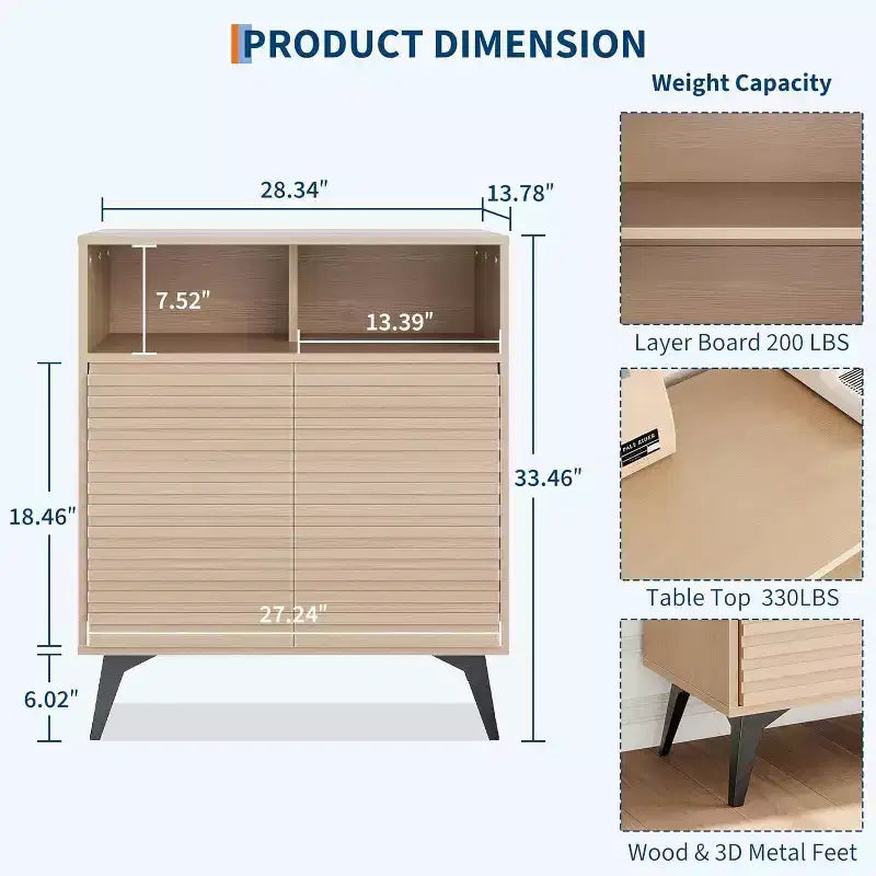 Meuble de rangement cannelé avec pieds en métal, buffet moderne du milieu du siècle, crédence avec rangement