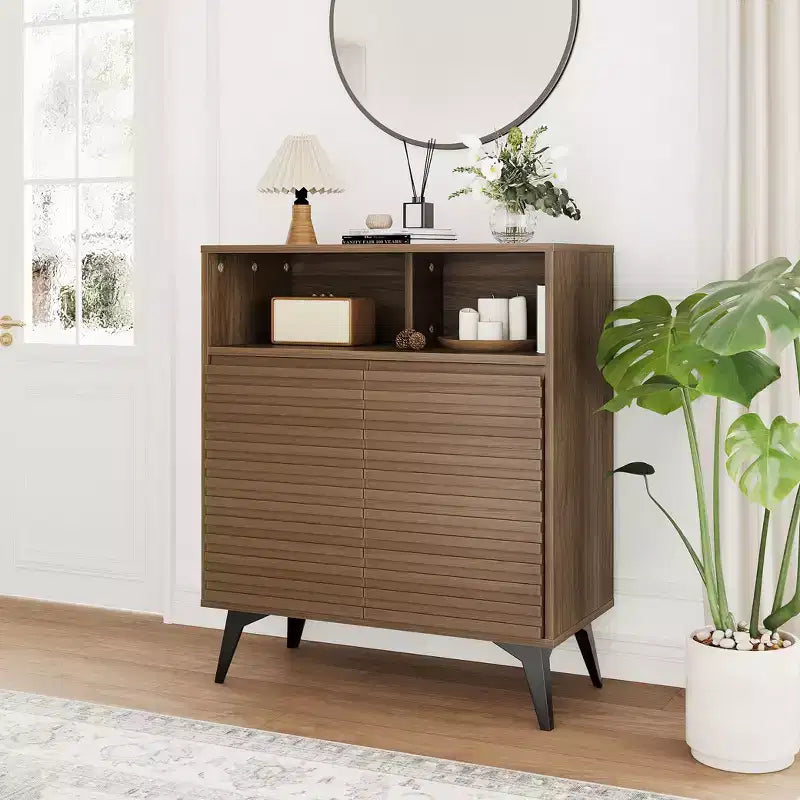 Fluted Storage Cabinet with Metal Legs, Mid Century Modern Sideboard, Buffet Credenza with Storage