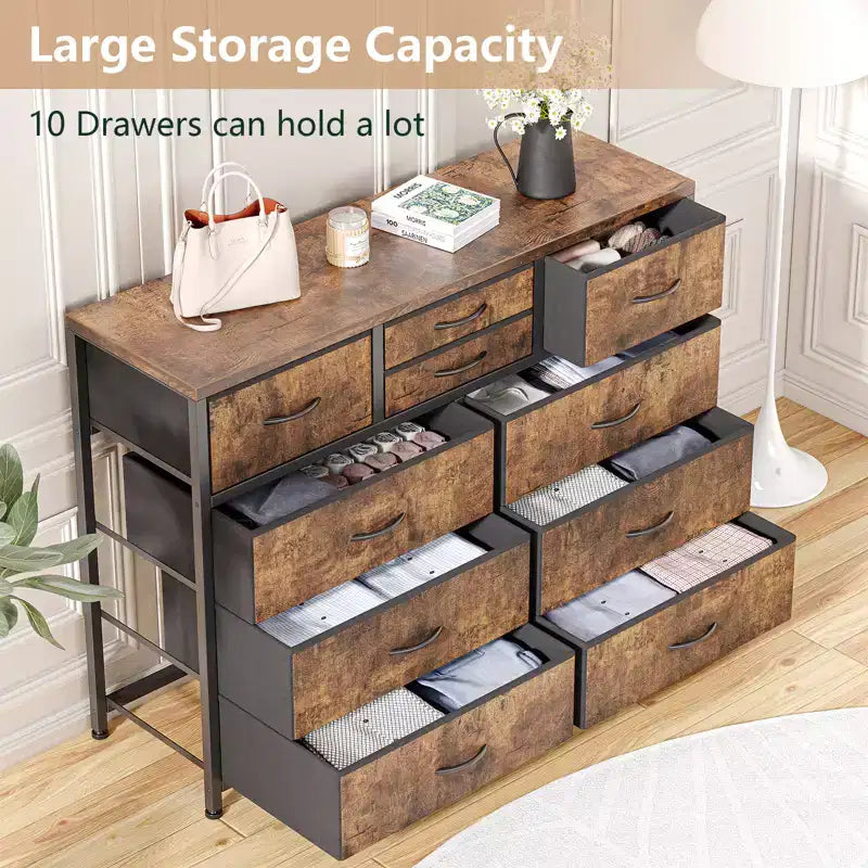 10-Drawer Fabric Dresser - Lightweight Storage w/Steel Frame & Wood Top, Multi-Functional Organizer