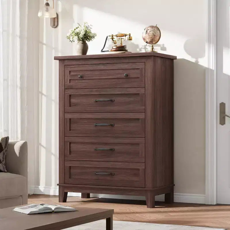 Commode verticale haute de 105 cm - Meuble de rangement autoportant à 5 tiroirs pour chambre et salon