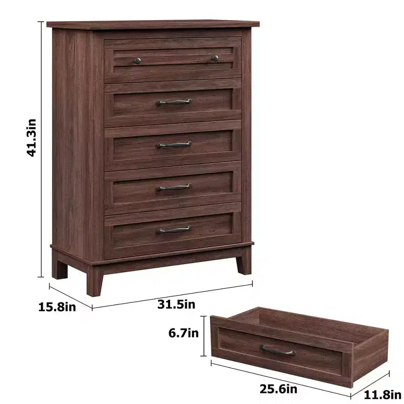Commode verticale haute de 105 cm - Meuble de rangement autoportant à 5 tiroirs pour chambre et salon