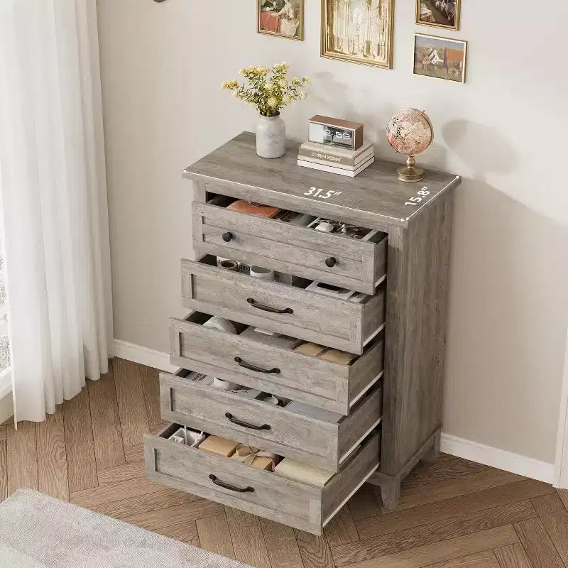 Commode verticale haute de 105 cm - Meuble de rangement autoportant à 5 tiroirs pour chambre et salon