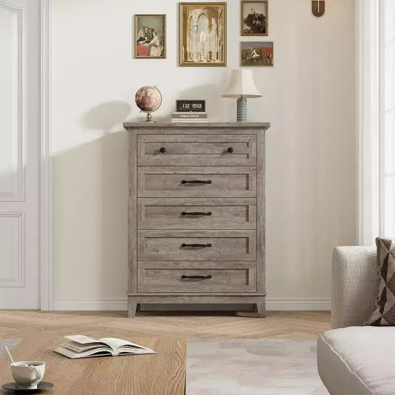 Commode verticale haute de 105 cm - Meuble de rangement autoportant à 5 tiroirs pour chambre et salon