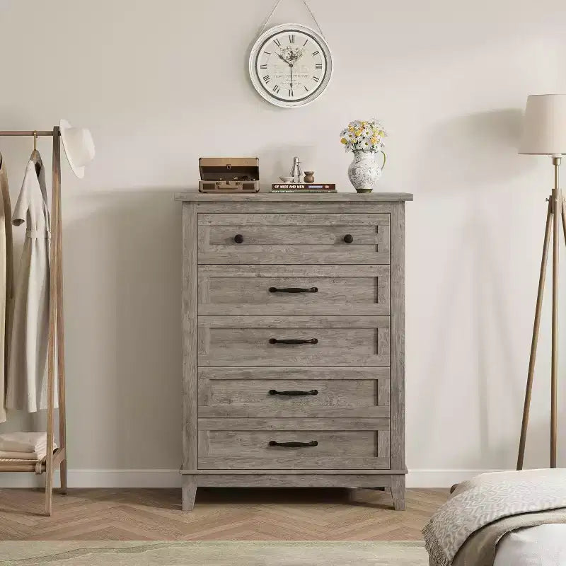 Commode verticale haute de 105 cm - Meuble de rangement autoportant à 5 tiroirs pour chambre et salon