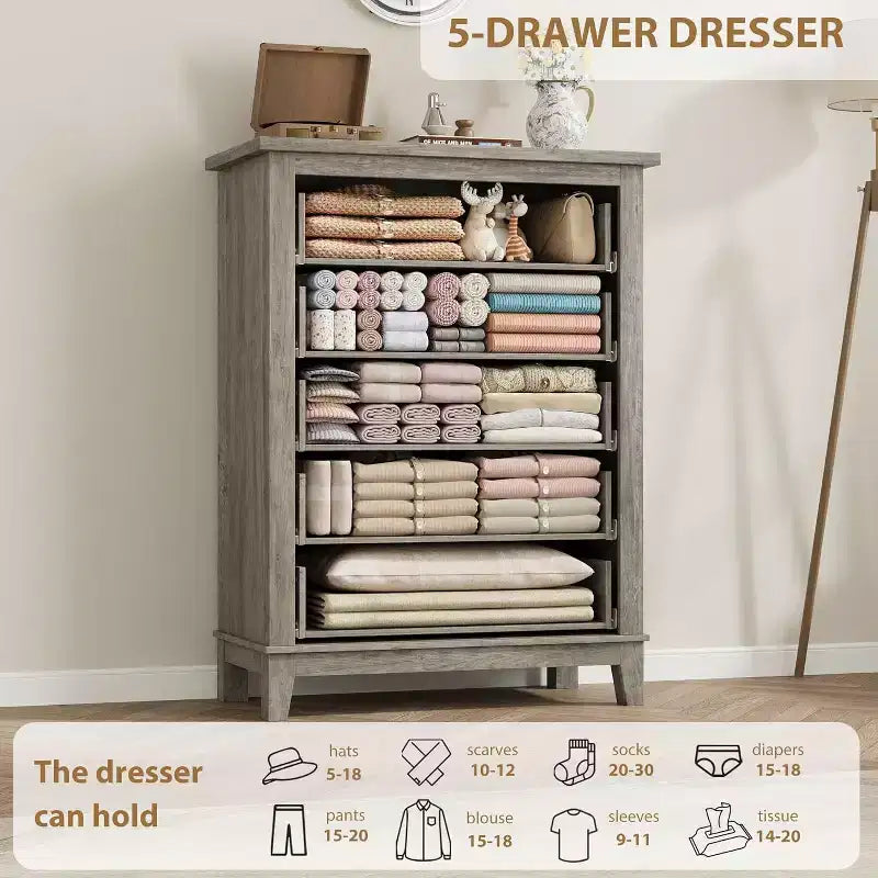 Commode verticale haute de 105 cm - Meuble de rangement autoportant à 5 tiroirs pour chambre et salon