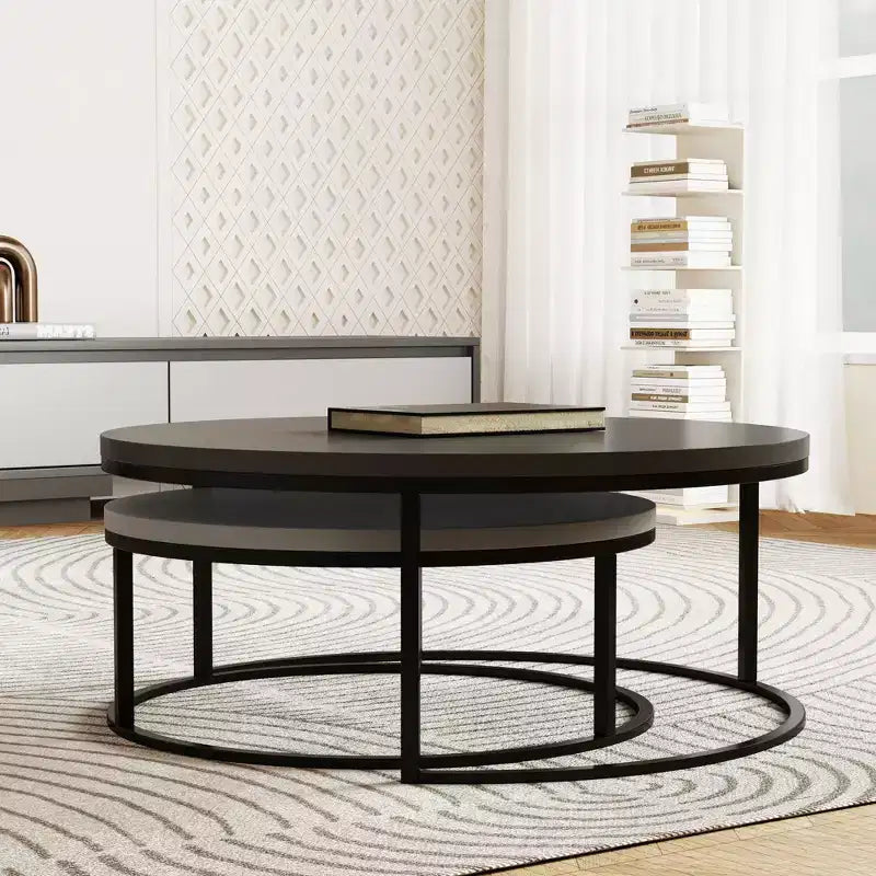 Gaoyangjiaju 31.5 Ensemble de 2 tables basses gigognes rondes modernes - Tables centrales industrielles minimalistes - Gris/Noir