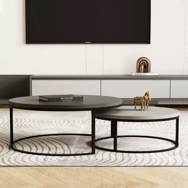 Gaoyangjiaju 31.5 Ensemble de 2 tables basses gigognes rondes modernes - Tables centrales industrielles minimalistes - Gris/Noir