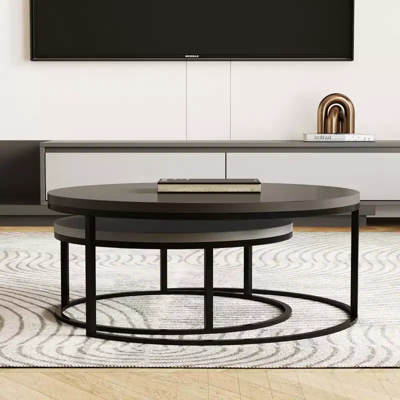 Gaoyangjiaju 31.5 Ensemble de 2 tables basses gigognes rondes modernes - Tables centrales industrielles minimalistes - Gris/Noir