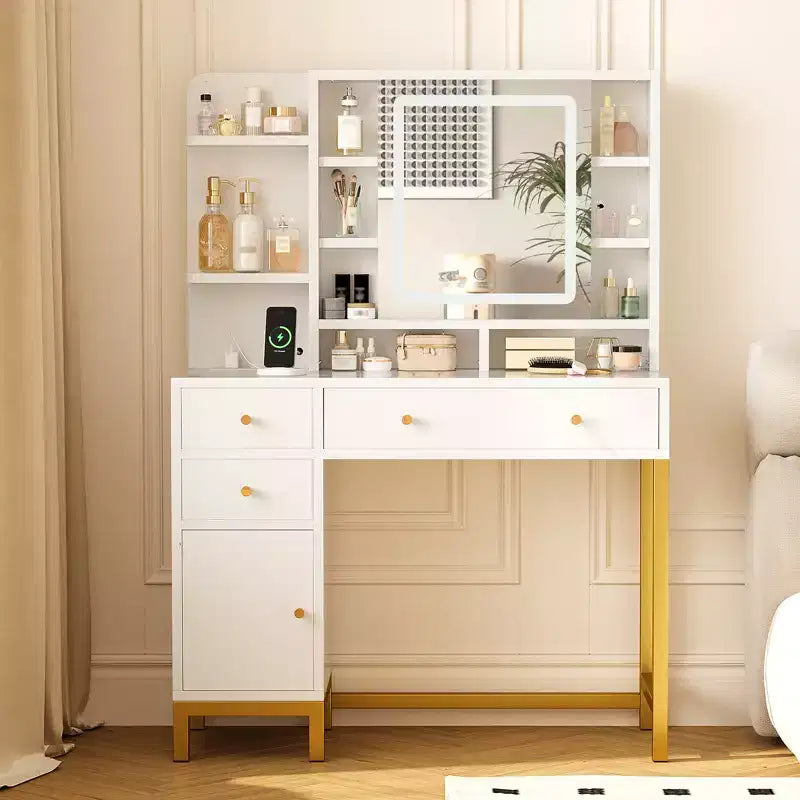 Coiffeuse avec Lumières, Coiffeuse de Maquillage, 3 Modes d'Éclairage, Coiffeuse avec Tiroirs et Placards, Table de Maquillage avec Prise Électrique
