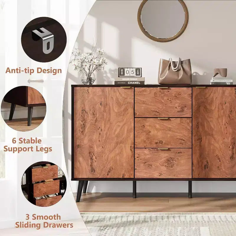 51,2 Buffet en chêne avec 3 tiroirs, texture burl et étagères ouvertes, finition noyer
