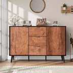 51,2 Buffet en chêne avec 3 tiroirs, texture burl et étagères ouvertes, finition noyer