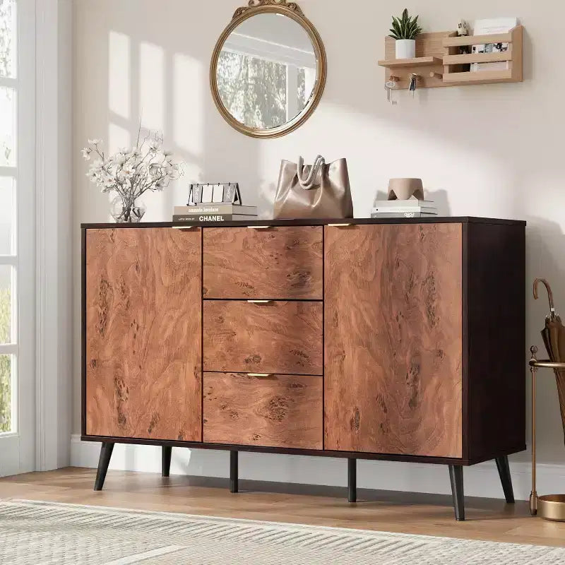 51,2 Buffet en chêne avec 3 tiroirs, texture burl et étagères ouvertes, finition noyer