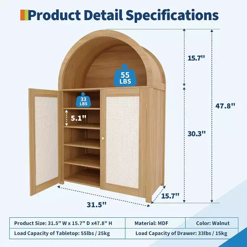 Meuble de rangement pour chaussures arqué à 5 niveaux avec portes en rotin, armoire à chaussures autoportante de style ferme avec étagères réglables pour entrée, couloir