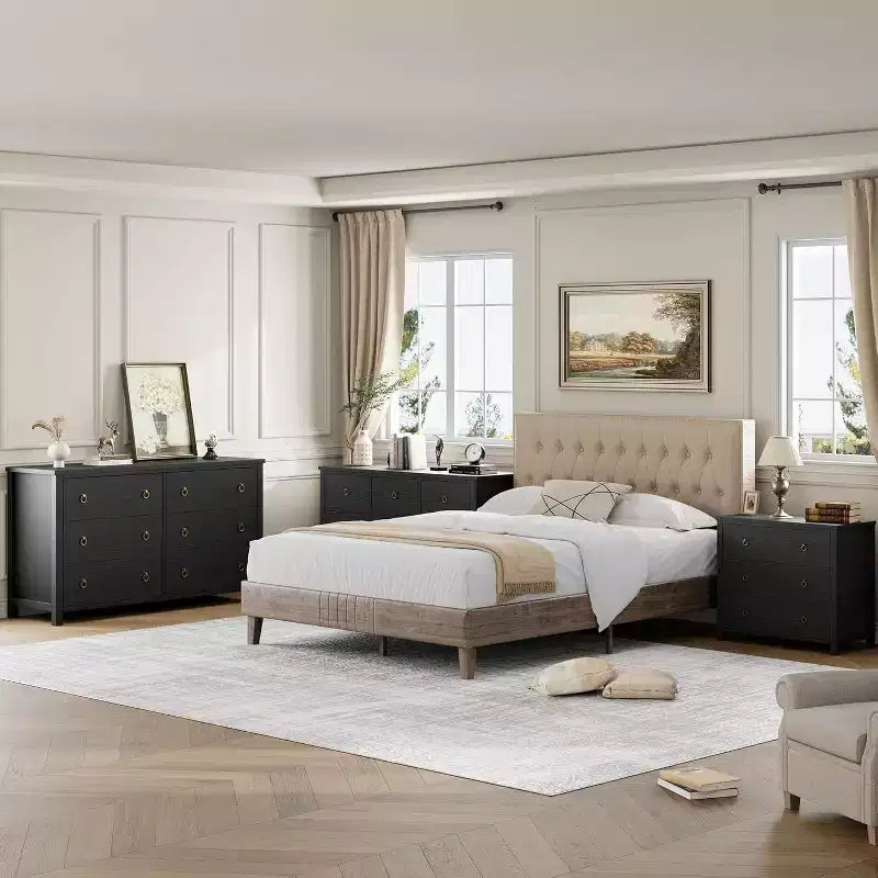 Commode 6 tiroirs pour chambre, commode large et moderne avec rangement, commode de placard en bois autoportante, noire