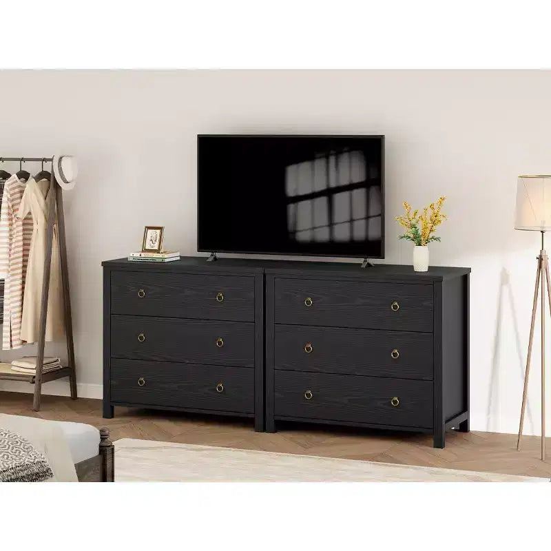 Commode 6 tiroirs pour chambre, commode large et moderne avec rangement, commode de placard en bois autoportante, noire