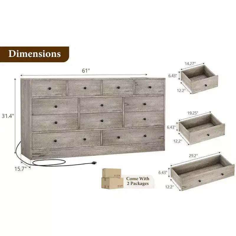 12 Drawer Dresser for Bedroom, 61 Inch Wood Dresser with Power Outlet, Wide Chest of Drawers