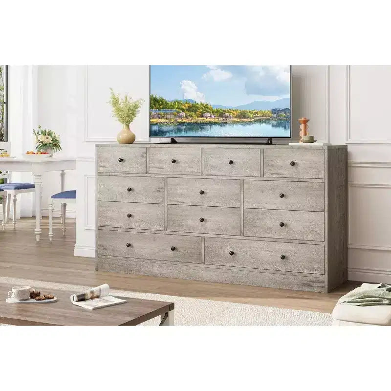 12 Drawer Dresser for Bedroom, 61 Inch Wood Dresser with Power Outlet, Wide Chest of Drawers