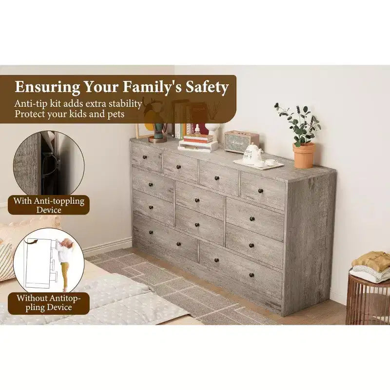12 Drawer Dresser for Bedroom, 61 Inch Wood Dresser with Power Outlet, Wide Chest of Drawers