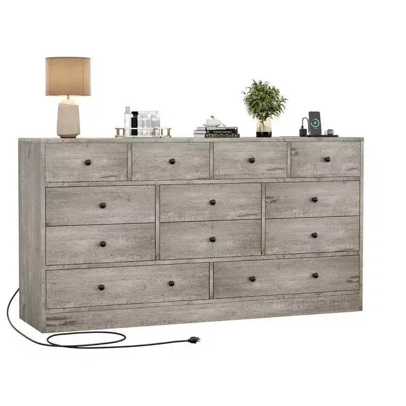 12 Drawer Dresser for Bedroom, 61 Inch Wood Dresser with Power Outlet, Wide Chest of Drawers