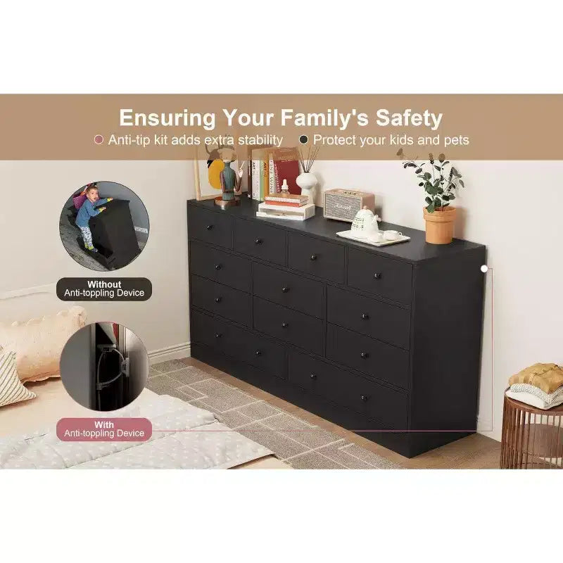 12 Drawer Dresser for Bedroom, 61 Inch Wood Dresser with Power Outlet, Wide Chest of Drawers