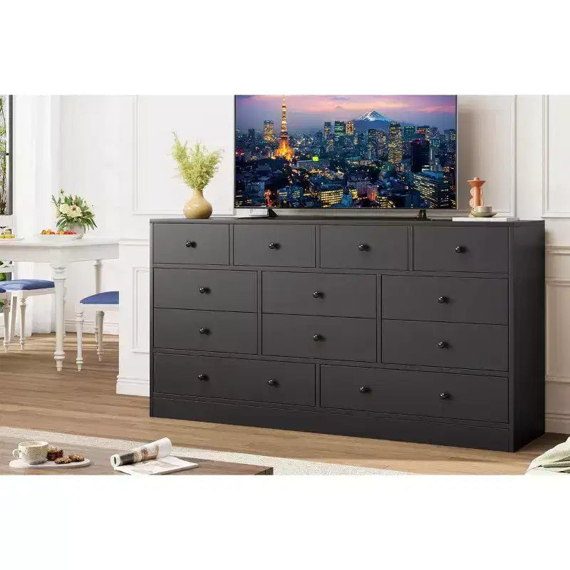 12 Drawer Dresser for Bedroom, 61 Inch Wood Dresser with Power Outlet, Wide Chest of Drawers