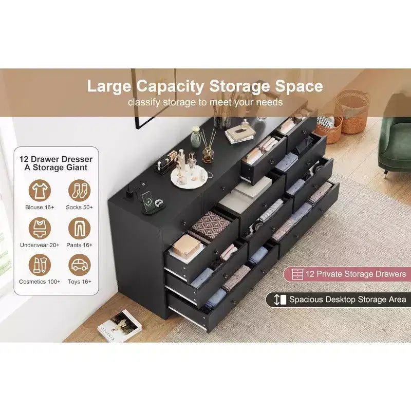 12 Drawer Dresser for Bedroom, 61 Inch Wood Dresser with Power Outlet, Wide Chest of Drawers