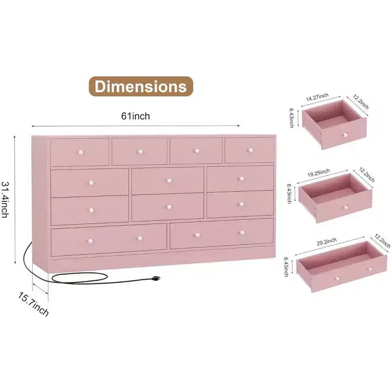 12 Drawer Dresser for Bedroom, 61 Inch Wood Dresser with Power Outlet, Wide Chest of Drawers