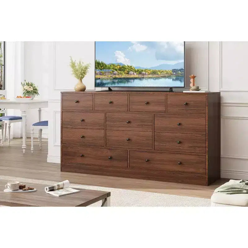 12 Drawer Dresser for Bedroom, 61 Inch Wood Dresser with Power Outlet, Wide Chest of Drawers