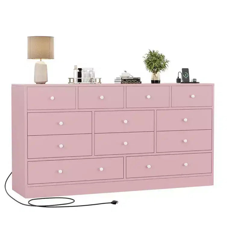 12 Drawer Dresser for Bedroom, 61 Inch Wood Dresser with Power Outlet, Wide Chest of Drawers