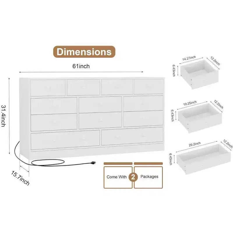 12 Drawer Dresser for Bedroom, 61 Inch Wood Dresser with Power Outlet, Wide Chest of Drawers