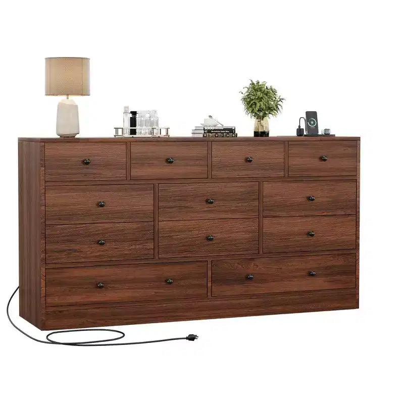 12 Drawer Dresser for Bedroom, 61 Inch Wood Dresser with Power Outlet, Wide Chest of Drawers