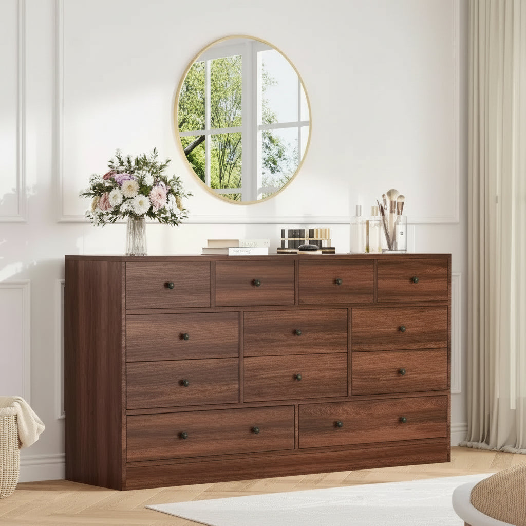 12 Drawer Dresser for Bedroom, 61 Inch Wood Dresser with Power Outlet, Wide Chest of Drawers