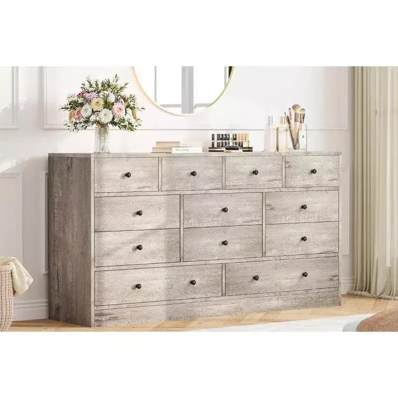 12 Drawer Dresser for Bedroom, 61 Inch Wood Dresser with Power Outlet, Wide Chest of Drawers