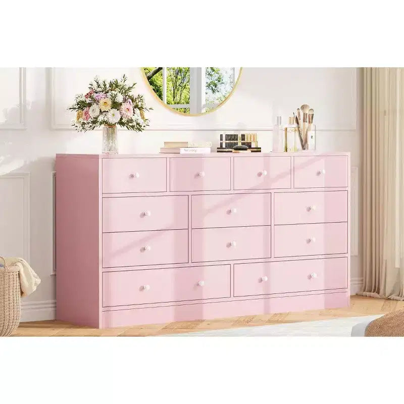 12 Drawer Dresser for Bedroom, 61 Inch Wood Dresser with Power Outlet, Wide Chest of Drawers