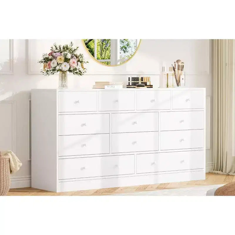 12 Drawer Dresser for Bedroom, 61 Inch Wood Dresser with Power Outlet, Wide Chest of Drawers