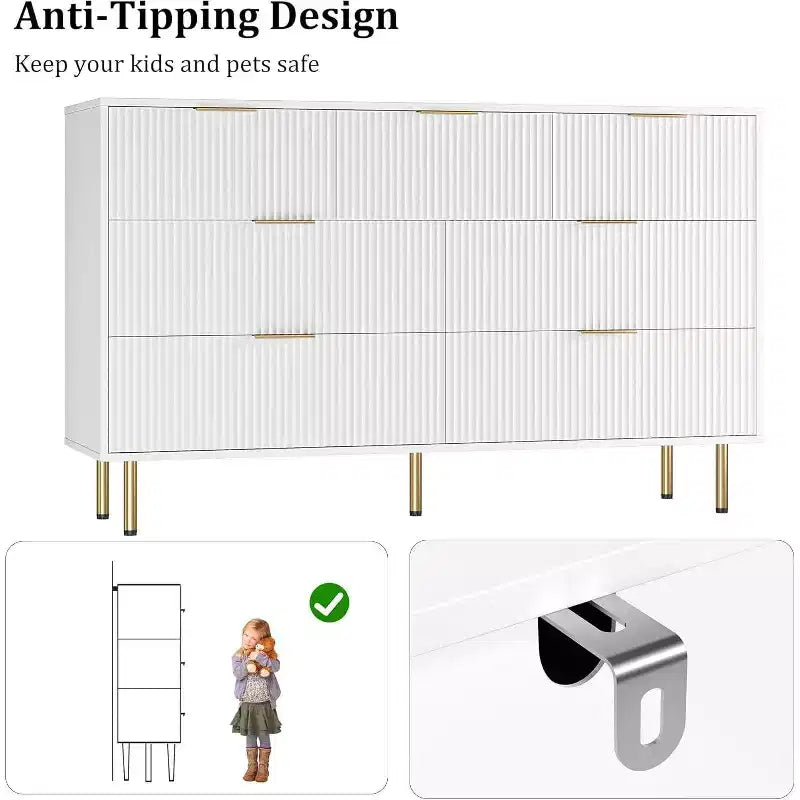 Commode à 7 tiroirs - Rangement en bois large avec poignées métalliques pour chambre et salon