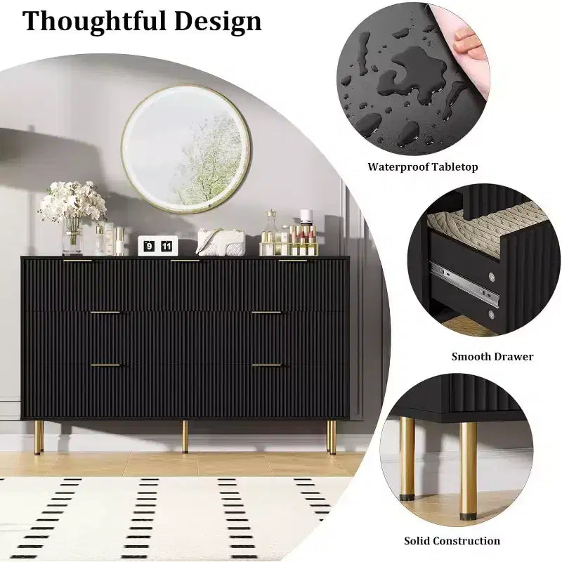 Commode à 7 tiroirs - Rangement en bois large avec poignées métalliques pour chambre et salon