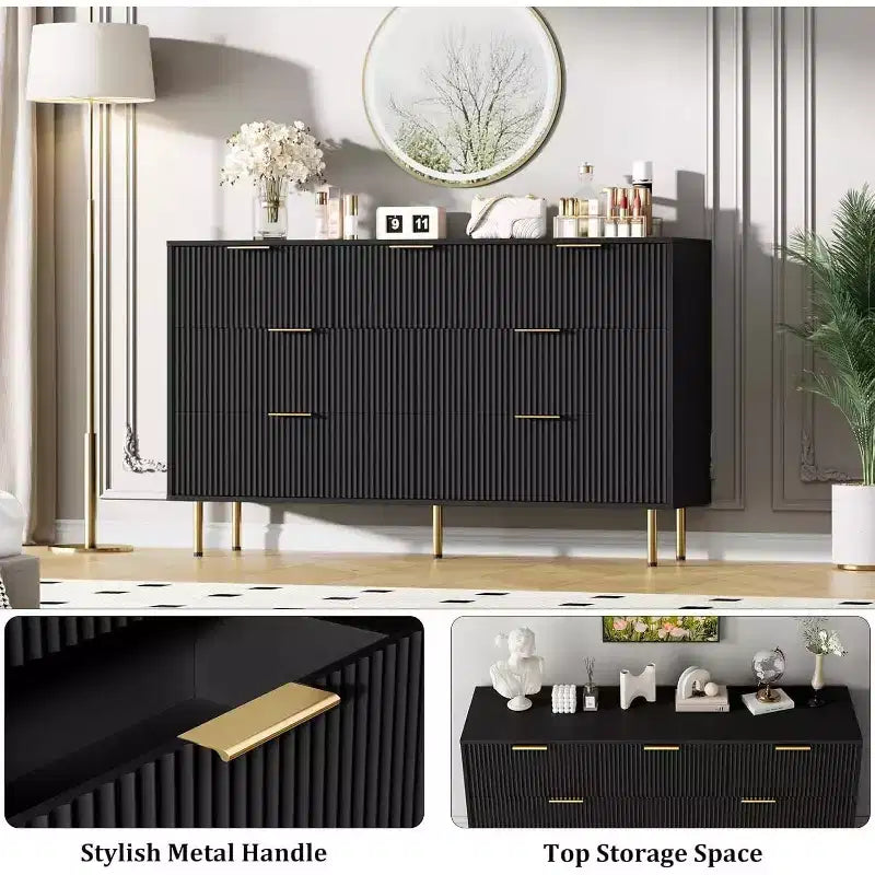 Commode à 7 tiroirs - Rangement en bois large avec poignées métalliques pour chambre et salon