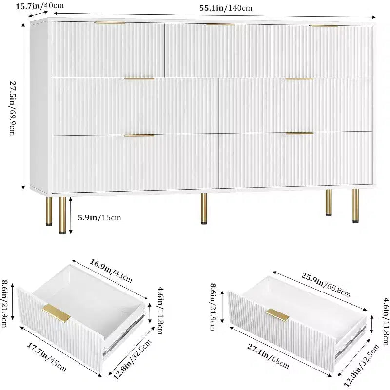 Commode à 7 tiroirs - Rangement en bois large avec poignées métalliques pour chambre et salon