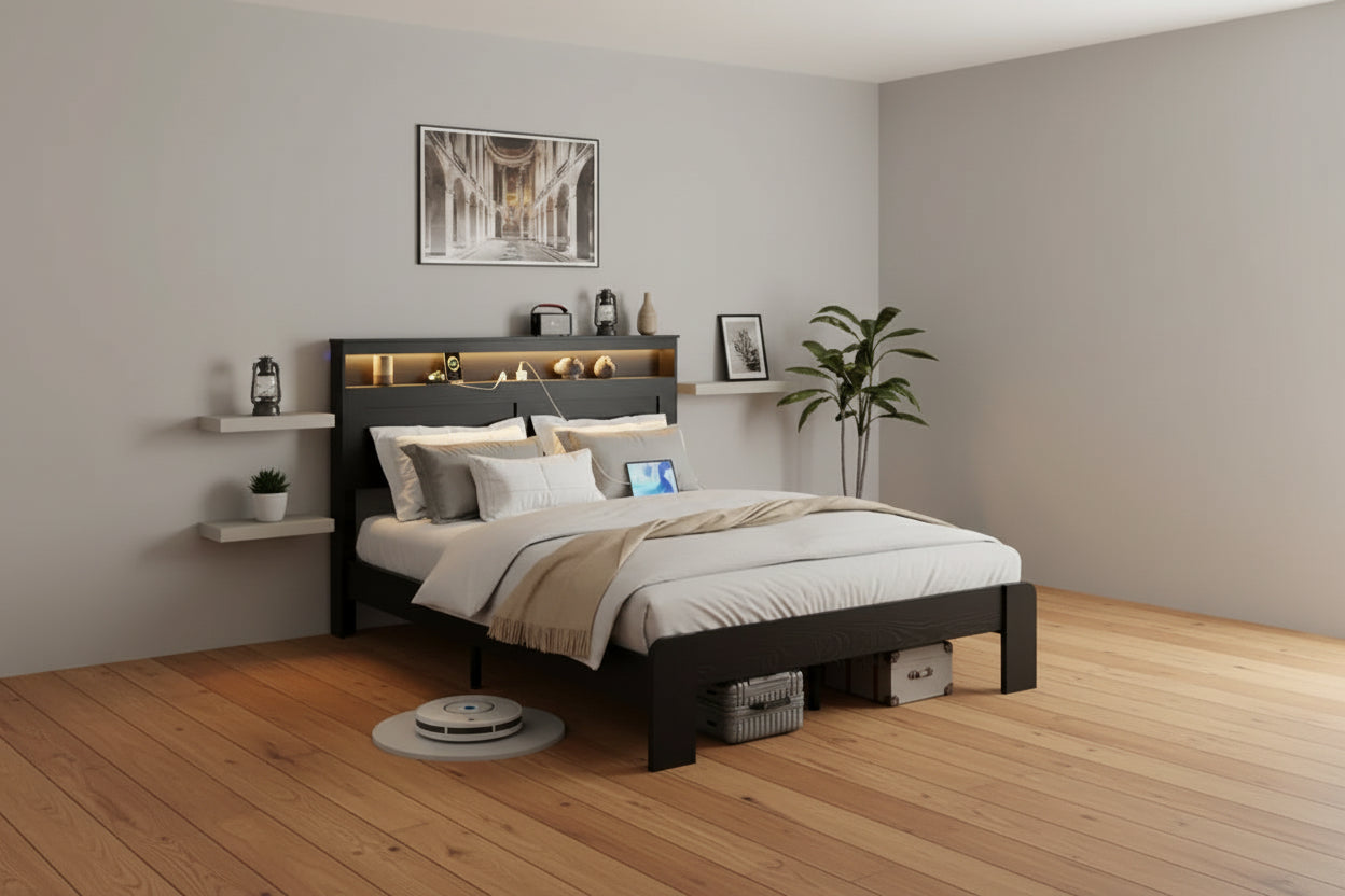 Bed Frame Queen/King Size,Wood Platform with Under Bed Storage LED Light Headboard and 2 USB,Noise Free,No Box Spring Needed,Dark Black