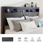 Lit plateforme queen/king size, en bois, avec rangement sous le lit, tête de lit lumineuse à LED et 2 ports USB, silencieux, sans sommier tapissier, noir foncé