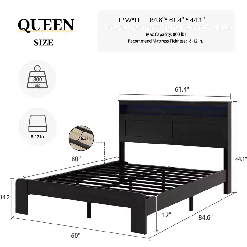 Lit plateforme queen/king size, en bois, avec rangement sous le lit, tête de lit lumineuse à LED et 2 ports USB, silencieux, sans sommier tapissier, noir foncé
