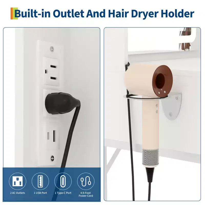 Petit ensemble de coiffeuse avec miroir, tabouret, éclairage réglable, 2 tiroirs, support pour sèche-cheveux, panneau pliant, pour petites chambres et coins