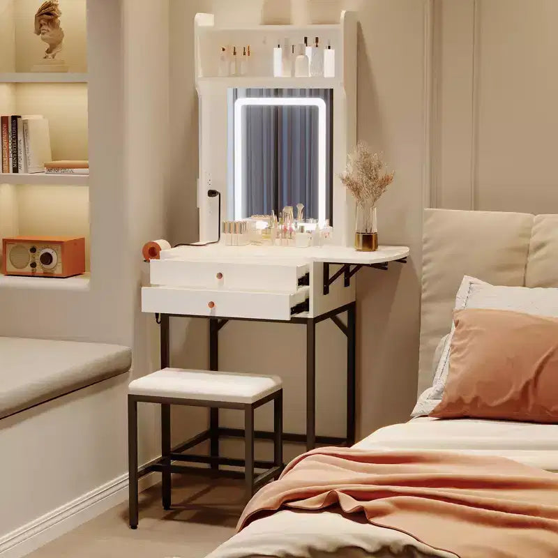 Petit ensemble de coiffeuse avec miroir, tabouret, éclairage réglable, 2 tiroirs, support pour sèche-cheveux, panneau pliant, pour petites chambres et coins