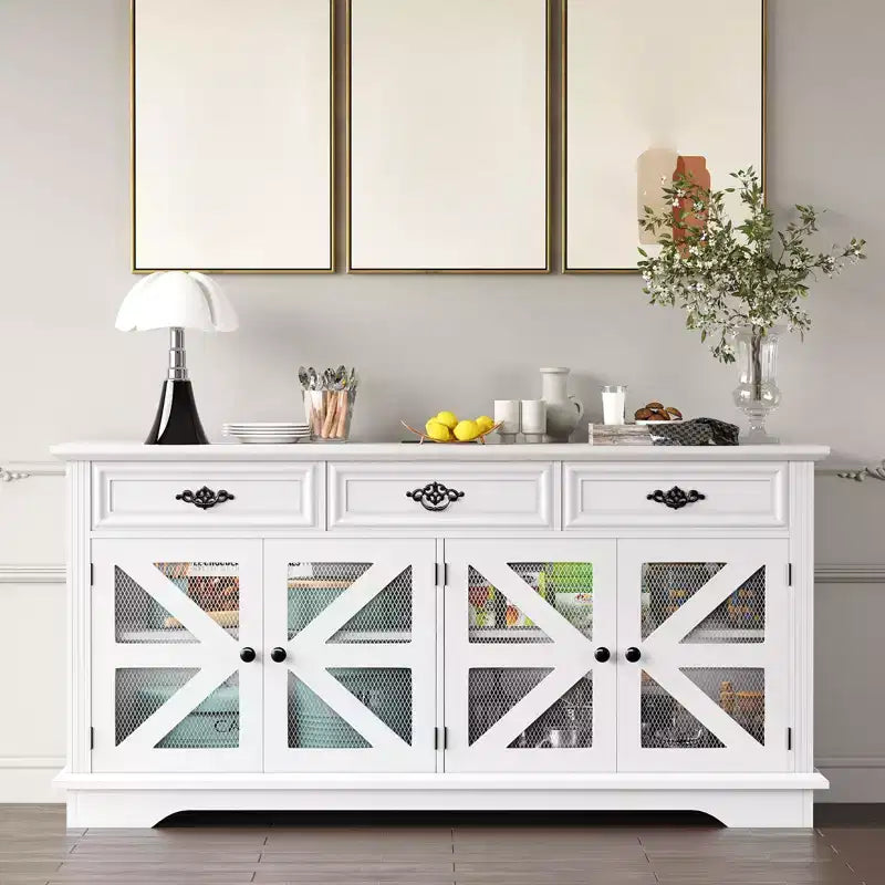 Buffet de salle à manger 70", meuble de bar à café en bois avec 3 tiroirs et 4 portes coulissantes en maille, console d'entrée, buffet de rangement au sol pour cuisine