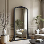 Miroir sur pied noir en bois massif sculpté en micro-arche à angle droit de 67x28 pouces (sans support)