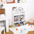 Organisateur de jouets et bibliothèque pour enfants, étagère à livres à 3 niveaux avec 2 bacs de rangement, en bois de pin, sans danger pour les enfants, 35x14x39 pour salle de jeux chambre à coucher