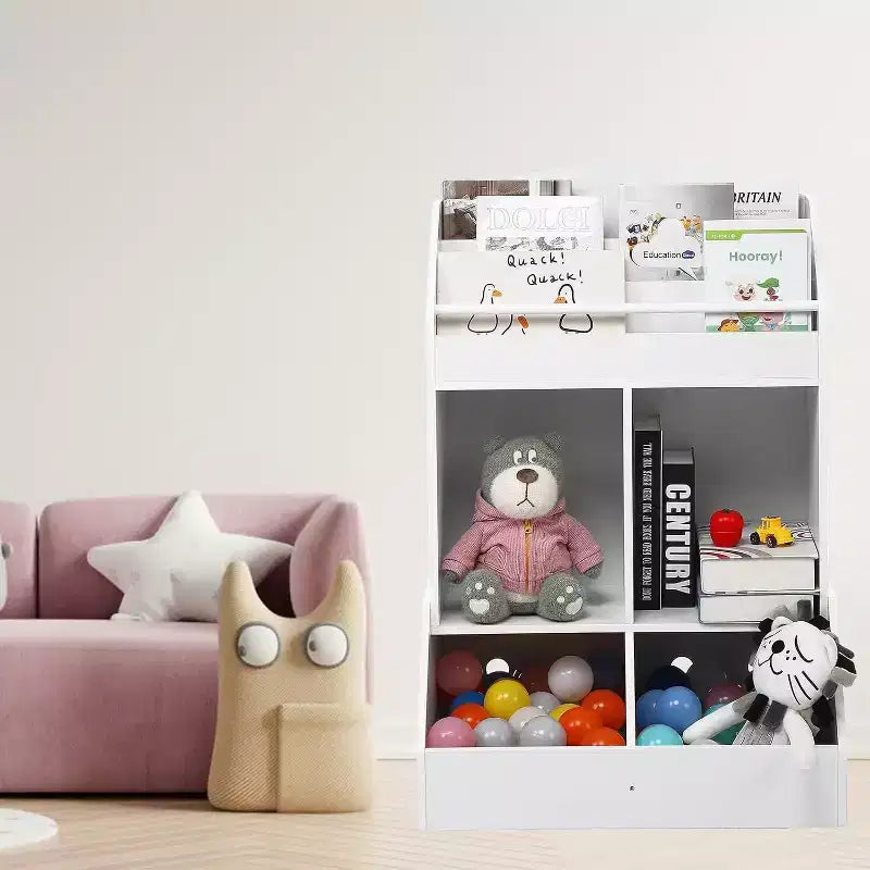 Organisateur de jouets et bibliothèque pour enfants, étagère à livres à 3 niveaux avec 2 bacs de rangement, en bois de pin, sans danger pour les enfants, 35x14x39 pour salle de jeux chambre à coucher